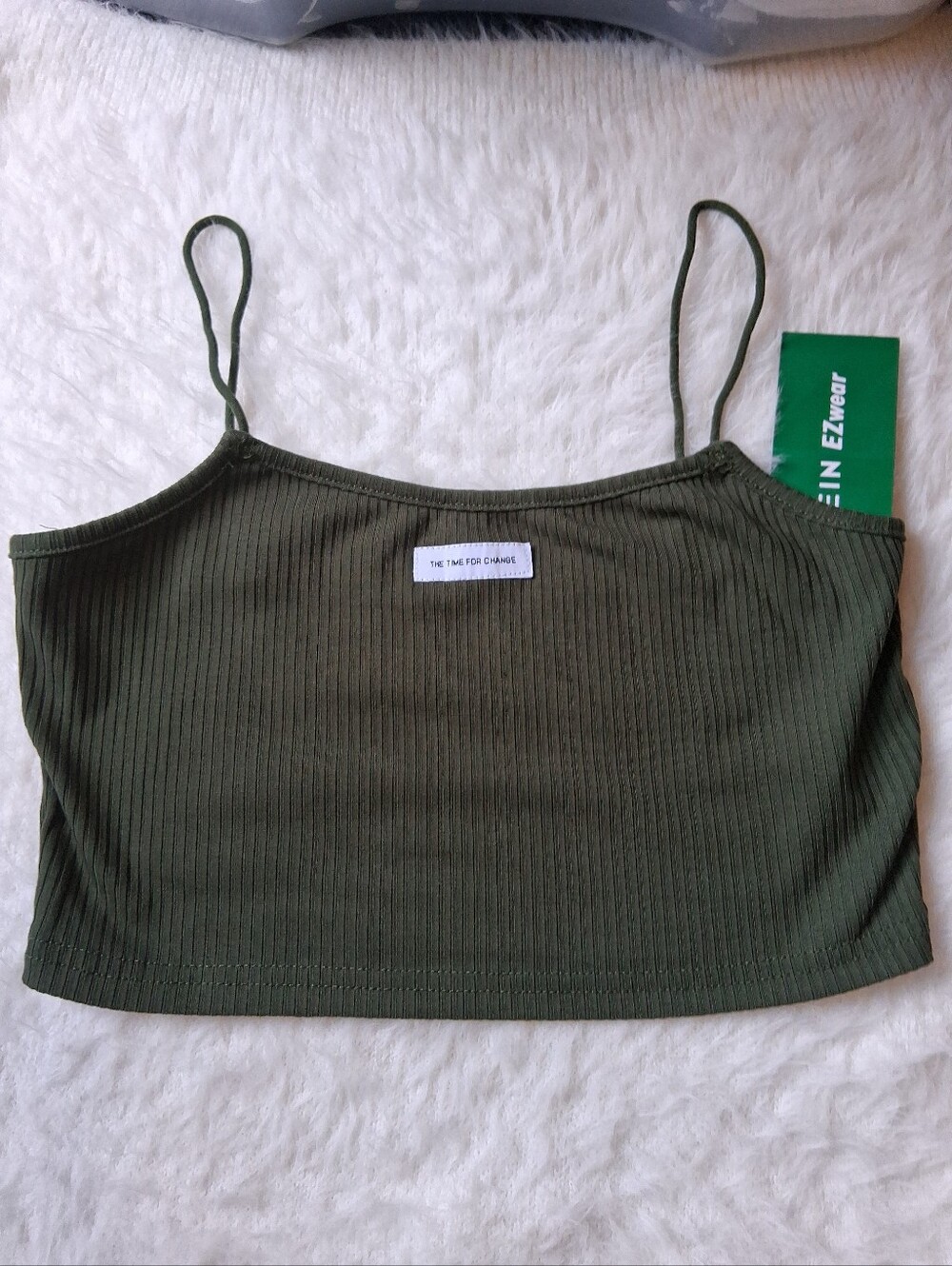 Olive Green Ribbed Spaghetti Strap Shein Crop Top